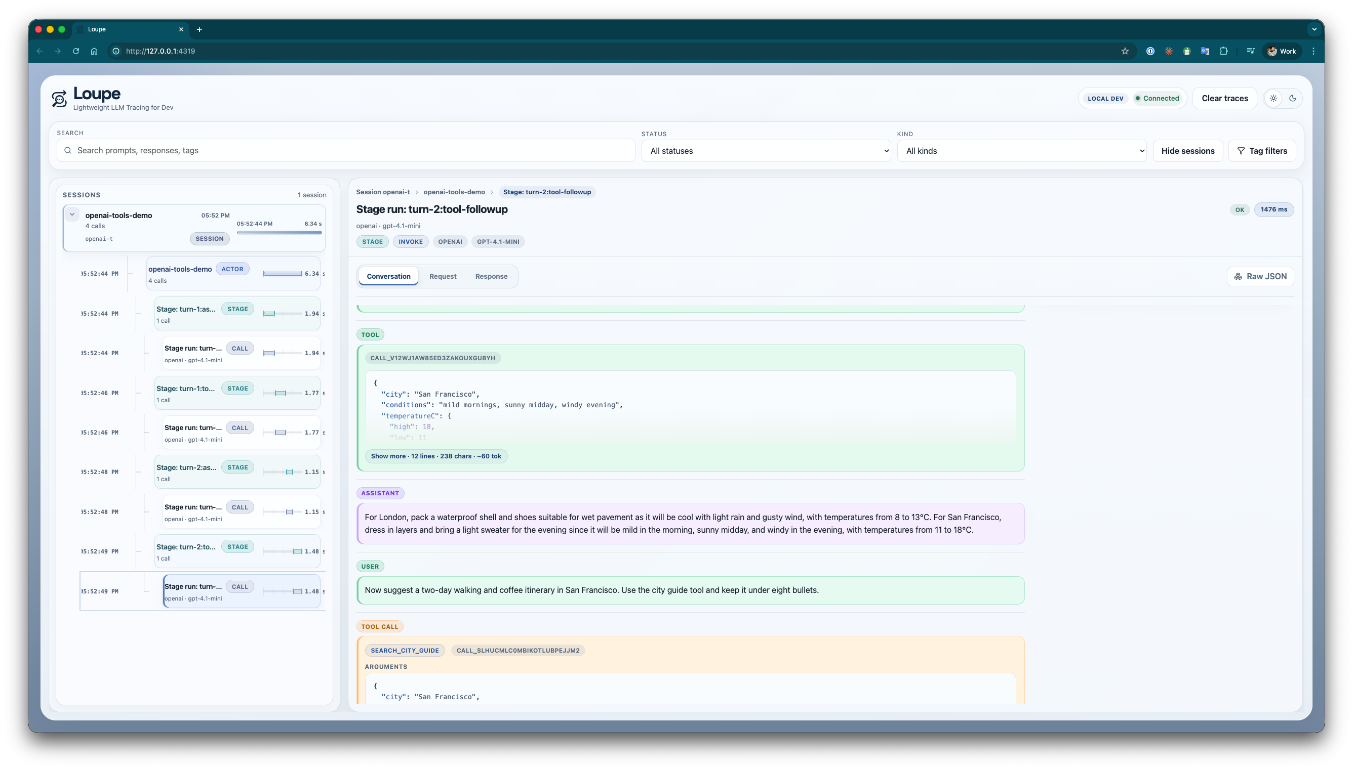 Loupe conversation view showing a multi-turn tool call session