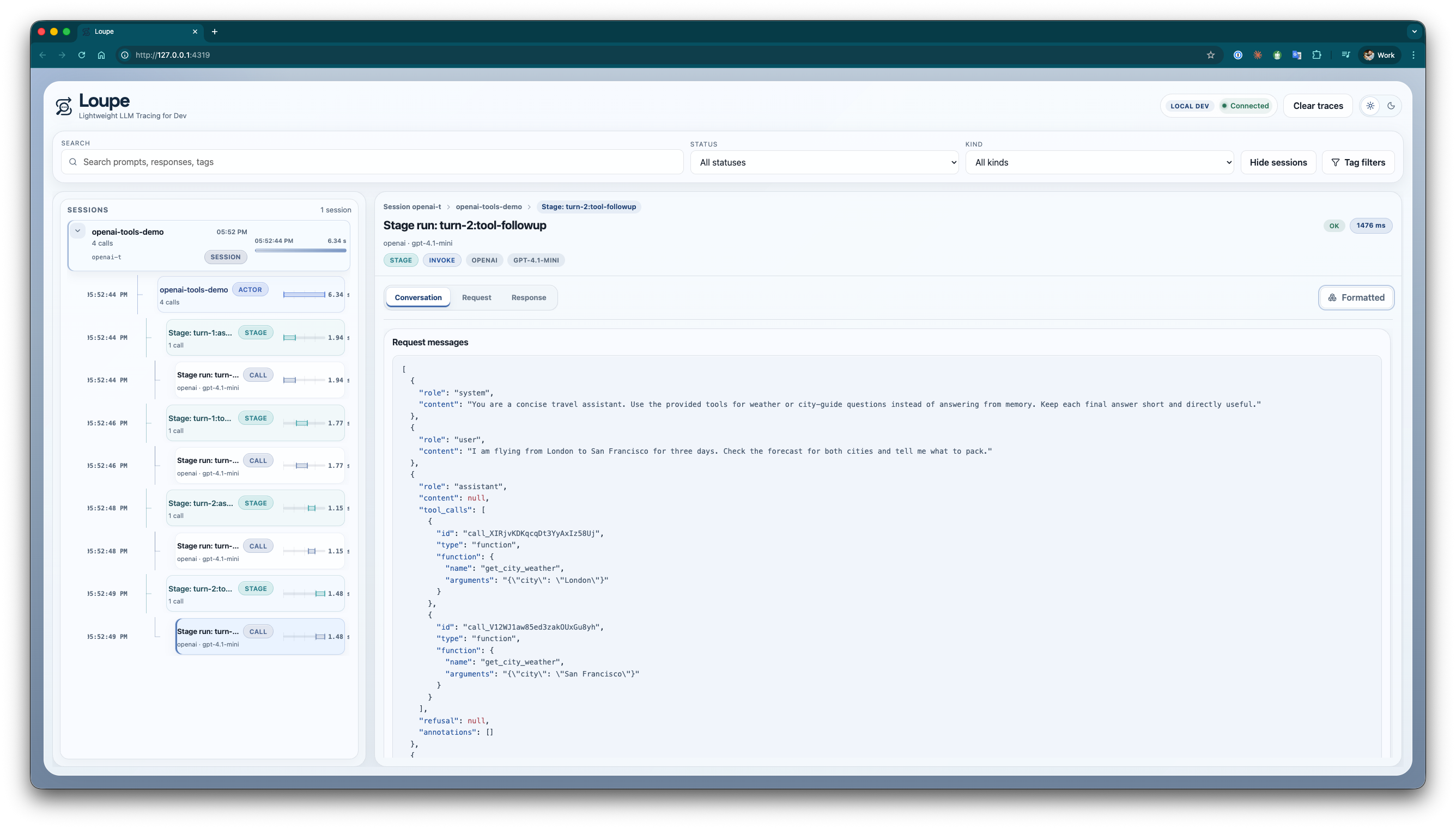 Loupe request view showing the captured OpenAI payload