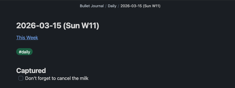 Obsidian daily note showing the captured task